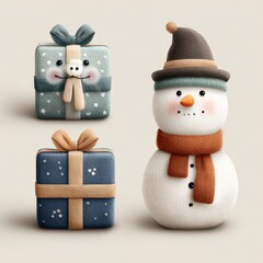 Winter decoration featuring a cheerful snowman with gift boxes in a cozy setting