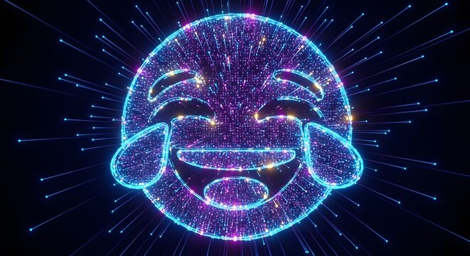 Vibrant digital emoji face bursts with glowing particles, symbolizing joy, laughter, and creative expression in a dynamic, modern visual.