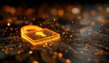 A glowing lock on circuit board