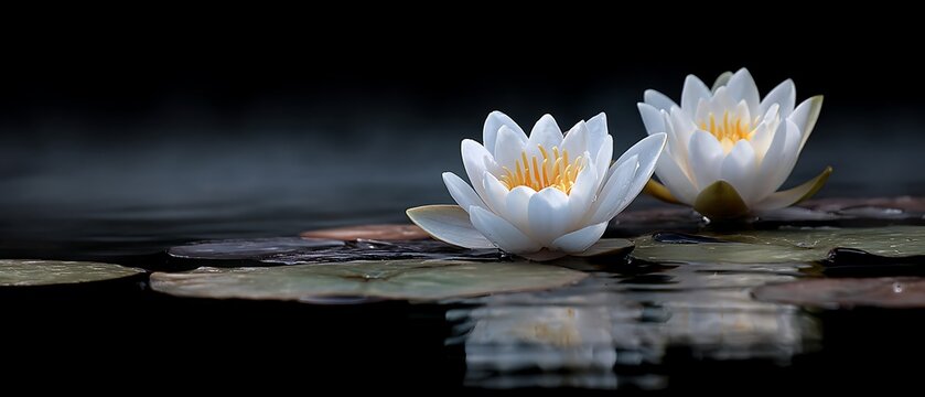 two white blooms on dark water surface enveloped in mist
