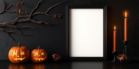 Spooky Halloween Room With Blank Frame. Eerie hallows chamber having empty border frightening seasonal interior spectral abode creepy october celebration festive haunted scene