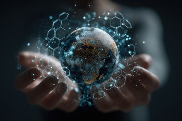 Hands holding a digital representation of the Earth, overlaid with intricate network patterns