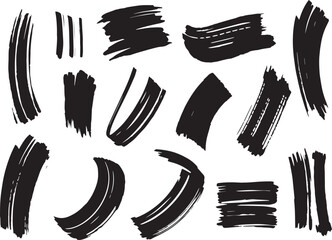 Brush set. Vector black paint brush spots, highlighter lines or felt-tip pen marker. Ink smudge abstract shape stains and smear set with texture