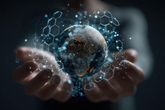 Hands holding a digital representation of the Earth, overlaid with intricate network patterns
