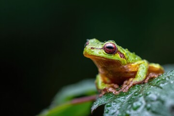 Vibrant frog perched on leaf, showcasing glistening skin and viv
