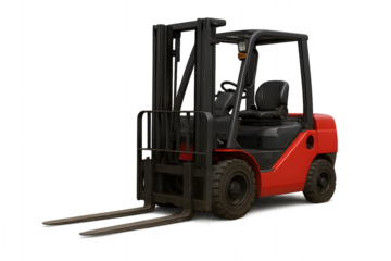 Yellow forklift truck lifts cargo on a pallet in a warehouse