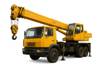 Yellow industrial construction machinery, including an crane, bulldozer, and truck, isolated on a white background