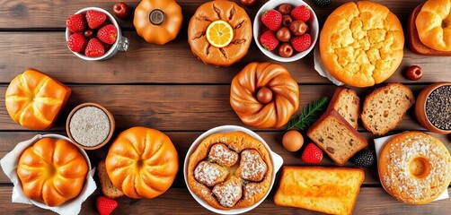 Flatlay of assorted baked goods on a rustic wooden surface, forming a horizontal collage,   tasty,  texture