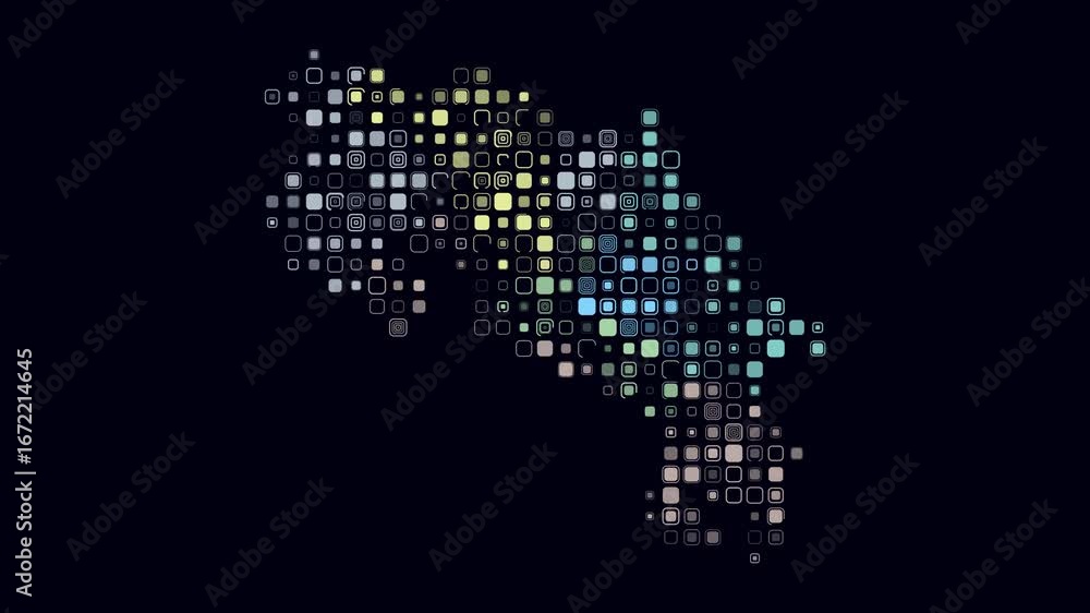 Poster costa rica map animation. shape of the country with pulsating colored dots. large size rounded squar