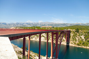 Fototapeta premium Red Bridge Over Waterway
