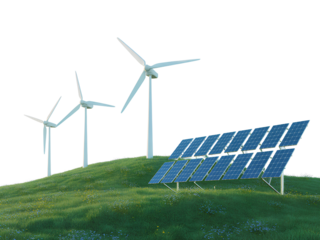 Wind turbines and solar panels on a grassy hill renewable energy isolated on a transparent background