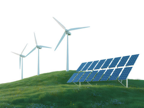Wind turbines and solar panels on a grassy hill renewable energy isolated on a transparent background