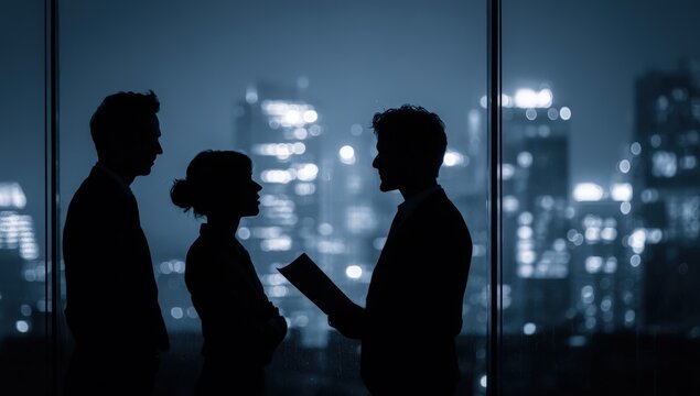 Silhouette of business people in discussion at night