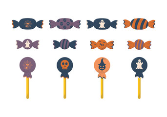 bundle of isolated illustrations cartoon of Halloween round candy sticks, oval candy and wrapped candy with white ghost images, group of bats, skull, spider web, and other for templates, Halloween the
