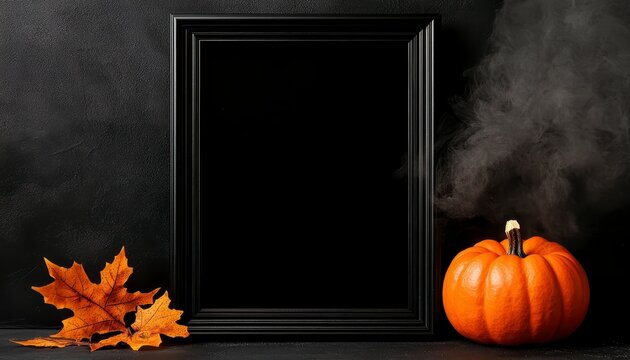 A Halloween themed blank card held in front of a dark festive background featuring ghosts and pumpkins. Festive greeting card spooky season spectral apparition gourd decoration autumnal