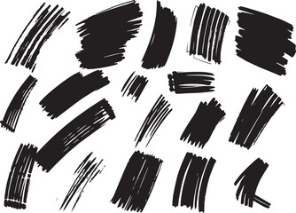 Brush set. Vector black paint brush spots, highlighter lines or felt-tip pen marker. Ink smudge abstract shape stains and smear set with texture