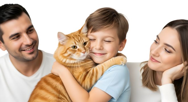 A loving family embraces their ginger cat, cherishing a heartwarming moment of pet companionship and bonding