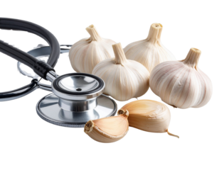 Garlic Cloves with Stethoscope and Healing Medicine Concept, isolated on transparent background.