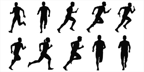 Silhouette Collection Of Runners In Various Poses On White Background running sport