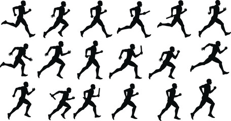 Silhouettes of Male Runners in Relay Race Poses on White Background running athlete