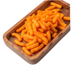 A wooden tray filled with orange cheese puffs isolated on transparent background