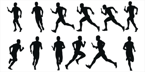 Silhouettes of male runners in relay race poses with batons on white background running