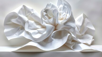Fototapeta premium Abstract white crumpled paper sculpture with flowing textures and soft shadows for artistic display