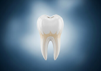 A single, white, realistic-looking model of a human tooth is centrally positioned in the image