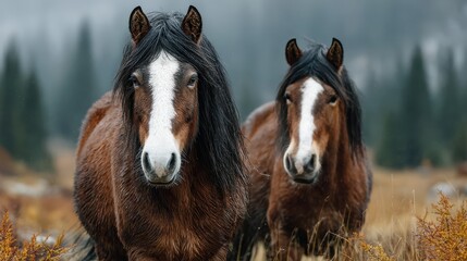 Obraz premium Horses grazing in a serene landscape during a misty morning in a forested area