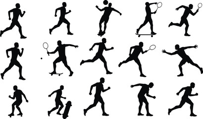 Silhouettes of men playing sports and skateboarding on white background Keywords: sports, silhouette