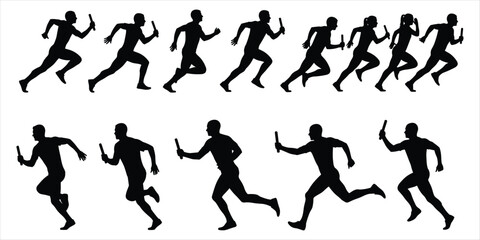 Silhouettes of Runners in a Relay Race with Baton running