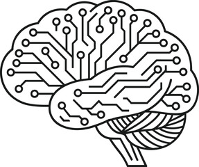 Stylized outline of a human brain with integrated circuit board pathways technology