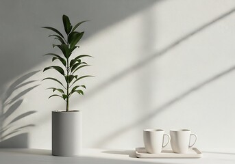 Serene indoor plant scene with soft sunlight shadows and coffee cups on a table