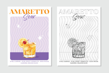 Cocktails retro posters. Amaretto sour cocktails. Popular alcohol drinks. Vintage style vector illustrations, bar, pub, restaurant, kitchen wall art