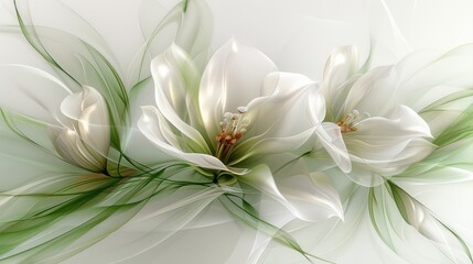 Elegant white flowers with delicate green leaves in a soft, flowing abstract design for visual appeal