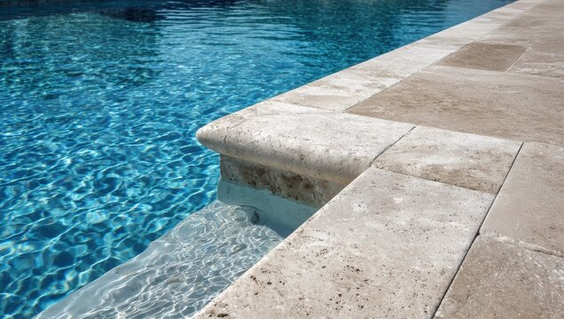 Poolside stone edging. Tranquil water meets light stone
