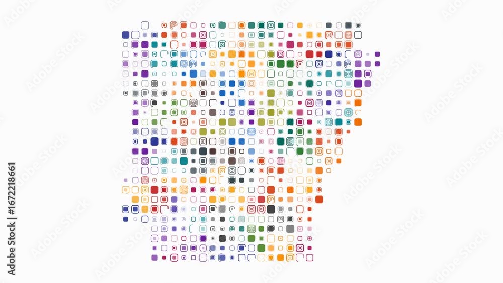 Aufkleber arkansas animation. shape of the state with pulsating colored dots. large size rounded square blocks