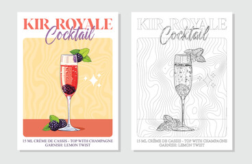 Kir royale Cocktails retro posters. Garnished alcoholic beverage graphic print. Popular alcohol drinks. Vintage style vector illustrations, bar, pub, restaurant, kitchen wall art