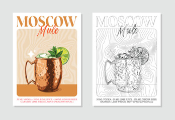 Moscow mule Cocktails retro posters. Garnished alcoholic beverage graphic print. Popular alcohol drinks. Vintage style vector illustrations, bar, pub, restaurant, kitchen wall art