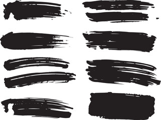 Brush set. Vector black paint brush spots, highlighter lines or felt-tip pen marker. Ink smudge abstract shape stains and smear set with texture
