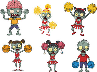 Cartoon zombie cheerleaders with pom-poms, undead cheerleader girls, creepy Halloween zombies, funny zombie cheerleader characters, spooky undead cheerleading team illustrations