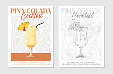 Pina colada cocktails retro posters. Garnished alcoholic beverage graphic print. Popular alcohol drinks. Vintage style vector illustrations, bar, pub, restaurant, kitchen wall art