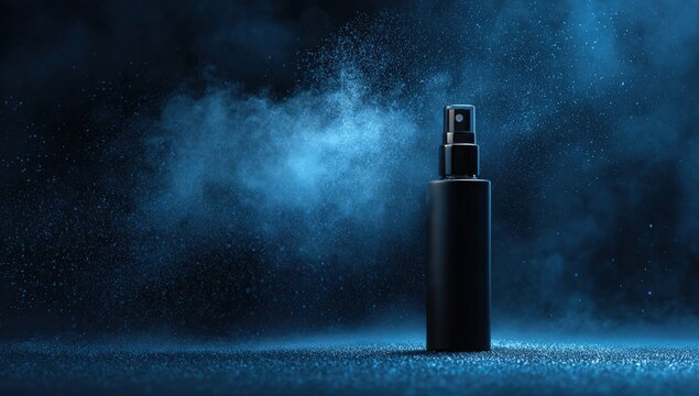 Black spray bottle in blue smoke