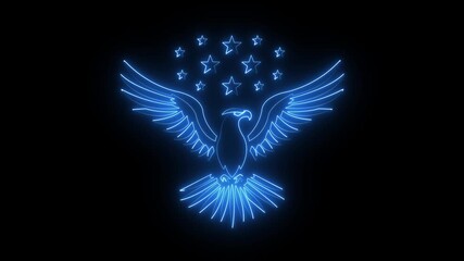 glowing neon American Eagle icon animation on black background. 4k motion video animation. 