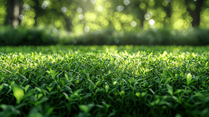 Naklejka premium Growing greenery lush tea field in nature fresh landscape vibrant environment close-up viewpoint
