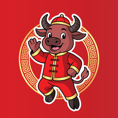 Cartoon ox zodiac character in traditional Chinese outfit, smiling and waving with a festive background. Perfect for Chinese New Year, zodiac decorations, and cultural celebrations.