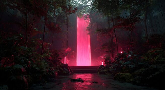 Neon pink waterfall in a lush jungle