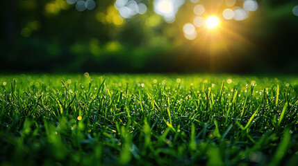 Naklejka premium Morning dew drops on lush green grass sunrise in a tranquil nature setting close-up shot serene viewpoint