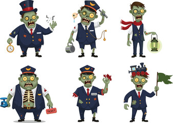 Cartoon zombie train conductors and workers in uniform, funny undead railway staff characters with props, vector illustration for Halloween, horror, or transport themes