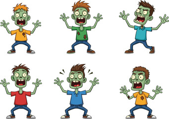 Cartoon zombies in aggressive poses with stained shirts and bulging eyes, green undead characters in horror theme, expressive vector illustration set